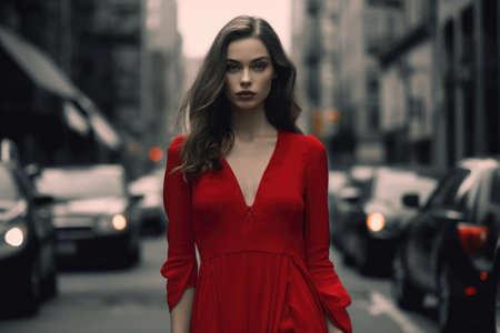 Portrait of a young beautiful girl in a red dress on the streetの素材