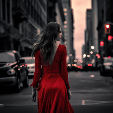Beautiful young woman in red dress walking in the city at sunsetの素材