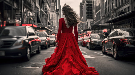Young beautiful woman in a long red dress walking on the street.の素材