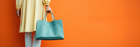 cropped view of woman holding handbag on orange background, panoramic shotの素材