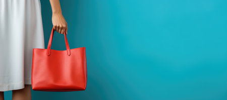 Female hand holding a red leather handbag on a blue background.の素材
