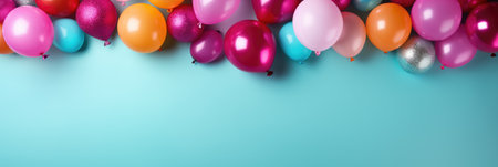 Colorful balloons on a blue background. Banner with copy space.の素材