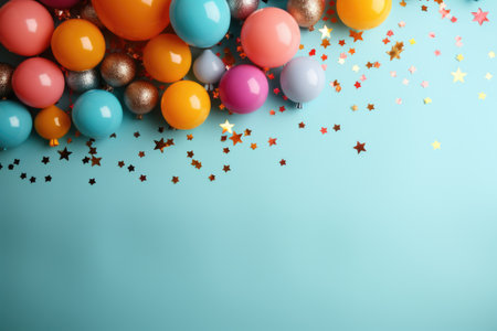 Colorful balloons and confetti on blue background, flat lay. Space for textの素材