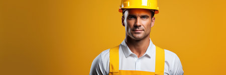 Handsome Indian construction worker in yellow helmet on yellow backgroundの素材