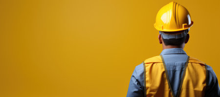 Back view of a man in a hardhat on a yellow backgroundの素材