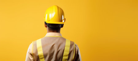 back view of engineer in yellow helmet looking away isolated on yellow backgroundの素材