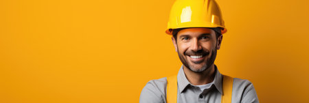 panoramic shot of smiling engineer in hardhat on yellow backgroundの素材