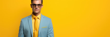 Handsome young man in blue suit and glasses on yellow backgroundの素材