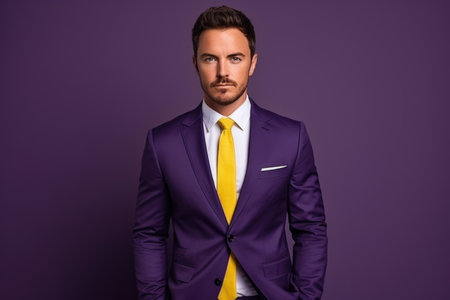 handsome young man in violet suit and yellow tie isolated on violetの素材