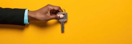 cropped view of african american real estate agent holding key on yellow backgroundの素材