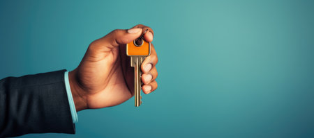 Real estate agent holding a key in his hand on blue background.の素材