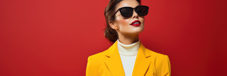 stylish woman in sunglasses and yellow jacket isolated on red, bannerの素材