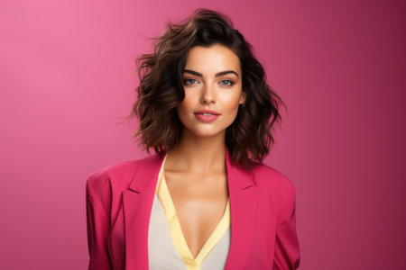 Portrait of a beautiful young brunette woman in a pink jacket on a pink backgroundの素材