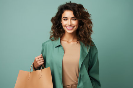 happy young woman in green jacket with shopping bag on turquoiseの素材