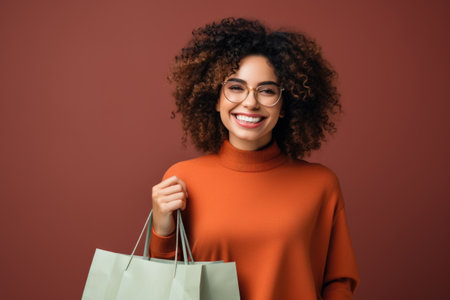happy african american woman in eyeglasses holding shopping bags isolated on brownの素材