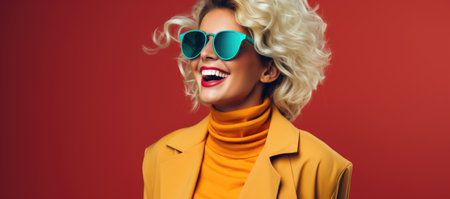 beautiful smiling blonde woman in sunglasses and yellow coat isolated on redの素材