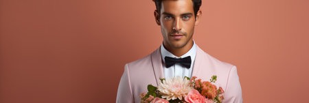 Handsome young man in tuxedo and bow tie holding bouquet of flowersの素材