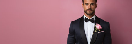 cropped view of handsome man in tuxedo with rose isolated on pinkの素材