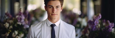 young man in white shirt and tie standing in cafe, panoramic shotの素材