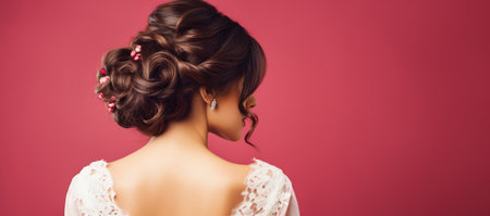 beautiful bride with wedding hairstyle and makeup, isolated on redの素材
