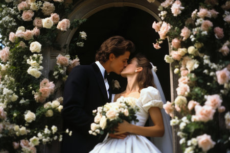 Wedding couple kissing on the background of the arch of rosesの素材