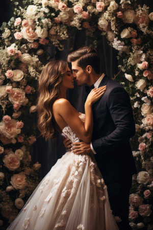 beautiful young couple kissing in the room with flowers. wedding dayの素材