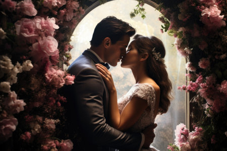 Wedding couple kissing on the background of the arch with flowersの素材