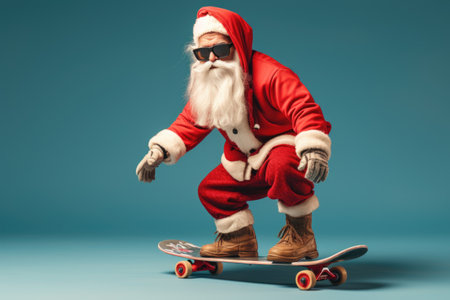 Santa Claus rides a skateboard on a blue background. Christmas and New Year concept.の素材