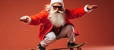 Santa Claus rides a skateboard on a red background. Merry Christmas and Happy New Year!の素材