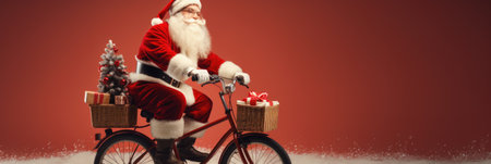 Santa Claus riding a bicycle with Christmas gifts on a red background.の素材