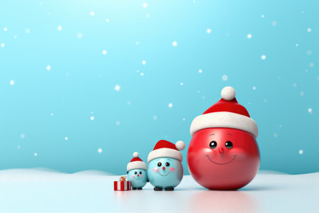 3d illustration of Santa Claus family in snow with red christmas ballの素材