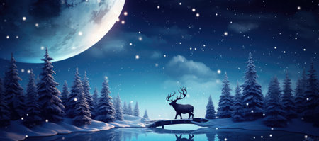 Winter landscape with reindeer and moon.の素材