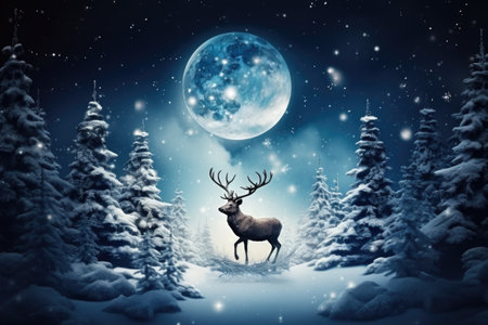 Fantasy winter landscape with deer and moon.の素材