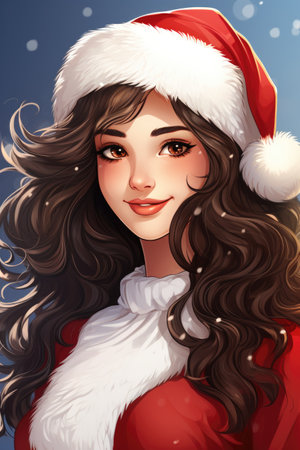 Beautiful girl in santa claus hat. Vector illustration.の素材