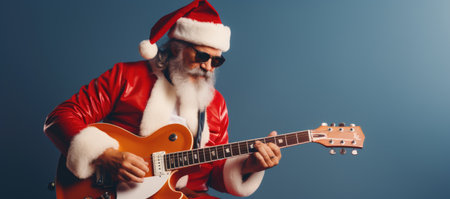 Portrait of santa claus playing the guitar on blue backgroundの素材