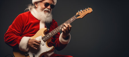 Portrait of Santa Claus in sunglasses playing electric guitar on dark backgroundの素材