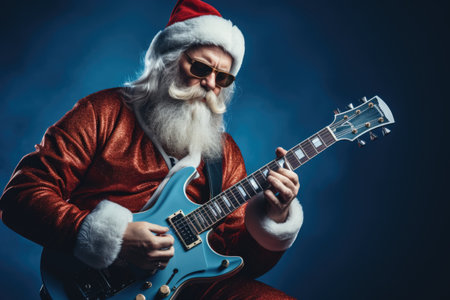 Portrait of santa claus playing electric guitar on blue backgroundの素材