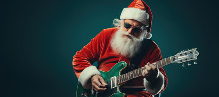 Portrait of Santa Claus playing electric guitar on dark background. Christmas and New Year concept.の素材