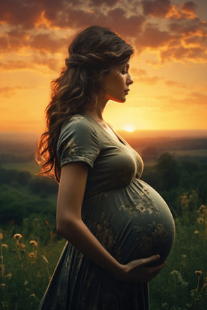 Pregnant woman in green dress touching her belly at sunset.の素材