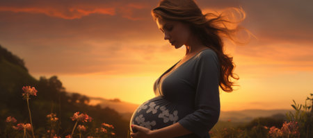 Pregnant woman in the field at sunset, panorama.の素材