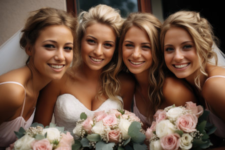 Beautiful bride with bridesmaids on their wedding day.の素材