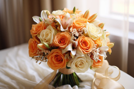 Bridal bouquet of orange and white roses on the bedの素材