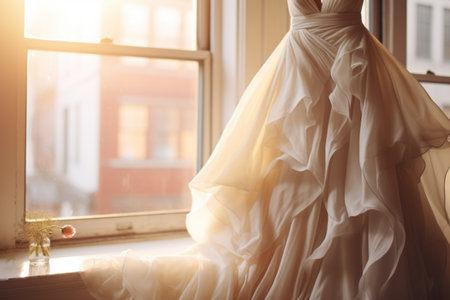 Beautiful wedding dress hanging on the window in the morning light.の素材