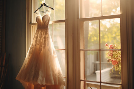 Wedding dress hanging on a hanger on the window.の素材