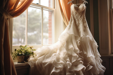 Wedding dress hanging on the window. Wedding day concept.の素材