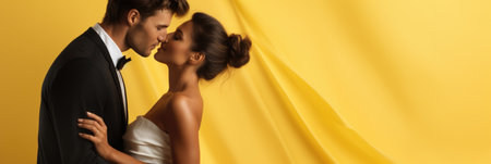 panoramic shot of young couple in love kissing on yellow backgroundの素材