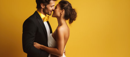 wedding couple in suit kissing on yellow background, panoramic shotの素材