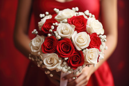 Wedding bouquet of red and white roses in the hands of the brideの素材