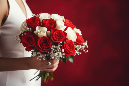 Bridal bouquet of red and white roses in the hands of the brideの素材