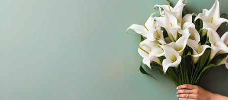 Female hand holding a bouquet of white lilies on a blue background.の素材